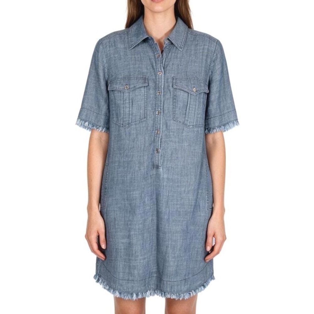 TRINA TURK Blue Linen/Tencel Chambray 1/2 Button-Up CLOVIS SHIRT DRESS Frayed 4